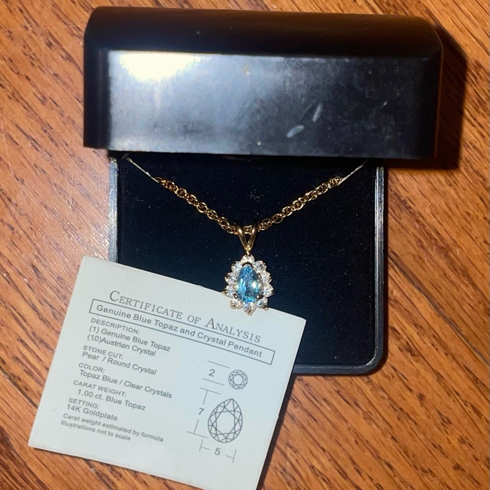 14k gold-plated genuine blue topaz and crystal pendant necklace.